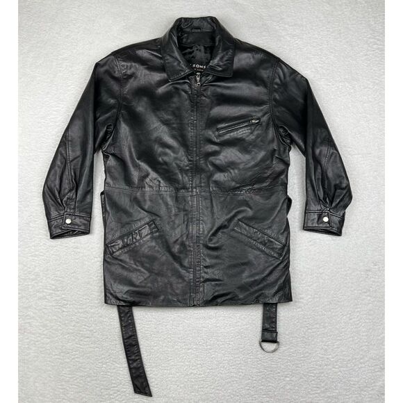 Vintage‎ Wilsons Jacket Mens XL Black 80s Lambskin Leather Long Coat Full Zip